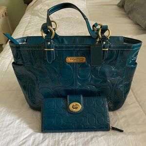 Dark green shinny leather coach bag